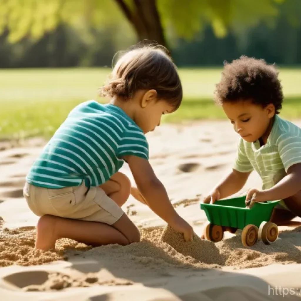야외용 완구의 인기 색상 - **Prompt:** A group of joyful children, aged 3-7, are playing outdoors in a sun-drenched park. The s...