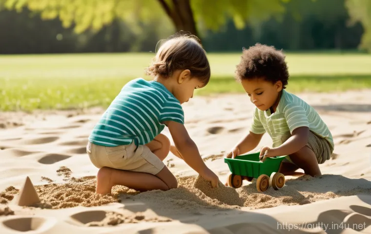 야외용 완구의 인기 색상 - **Prompt:** A group of joyful children, aged 3-7, are playing outdoors in a sun-drenched park. The s...