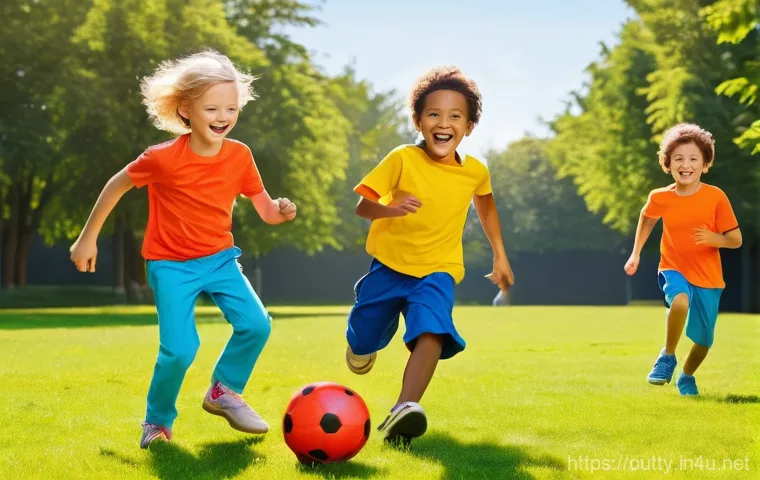 야외용 완구의 인기 색상 - **Prompt:** A group of joyful children, aged 3-7, are playing outdoors in a sun-drenched park. The s...