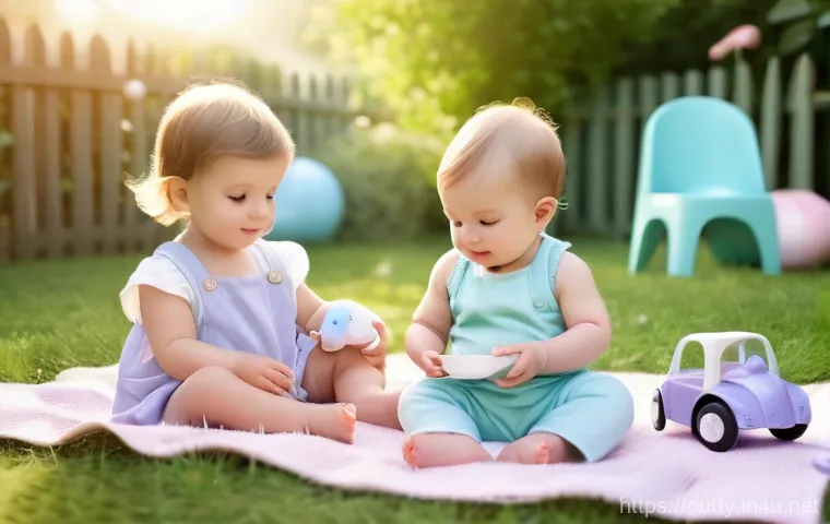 야외용 완구의 인기 색상 - **Prompt:** Energetic children, ranging from toddlers (wearing diapers under their play clothes) to ...