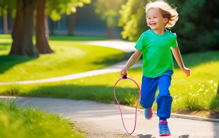 야외용 완구 추천 블로그 - **Prompt:** A vibrant, sun-drenched park teeming with active children. In the foreground, a 9-year-o...