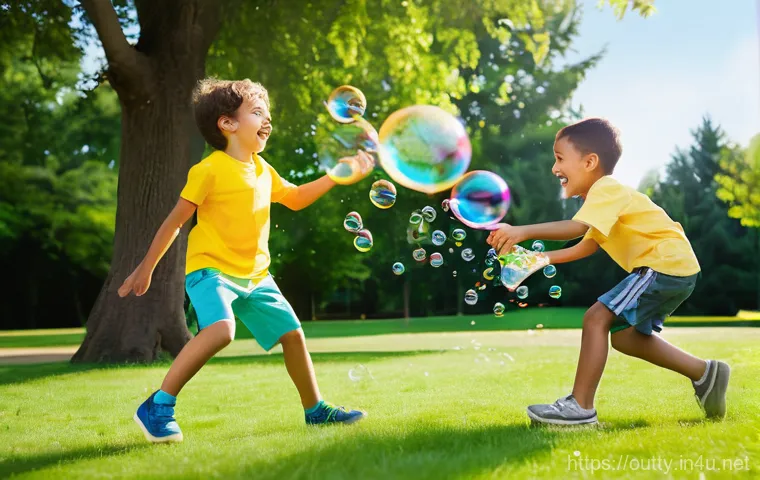야외용 완구 캐릭터 완구 - **Prompt 1: Joyful Bubble Play in a Sunny Park**
"A vibrant, wide-angle shot of two children, ap...