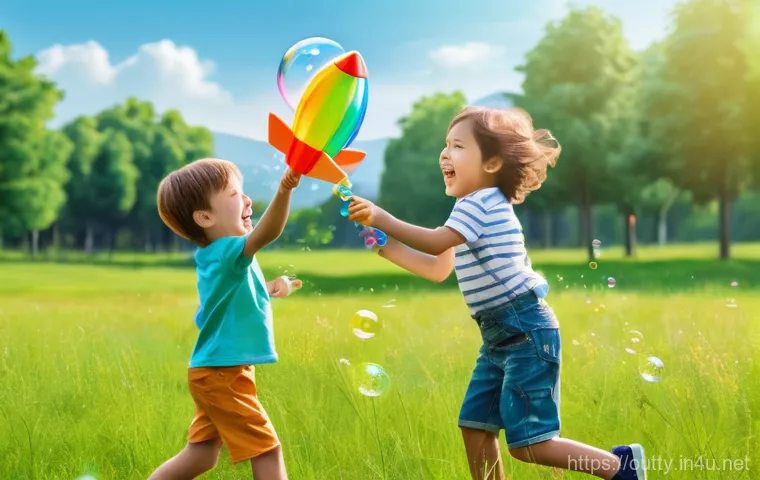 야외용 완구와 패션 아이템 - **Prompt 1: Joyful Family Playing with Outdoor Toys**
A vibrant outdoor scene of a happy family,...