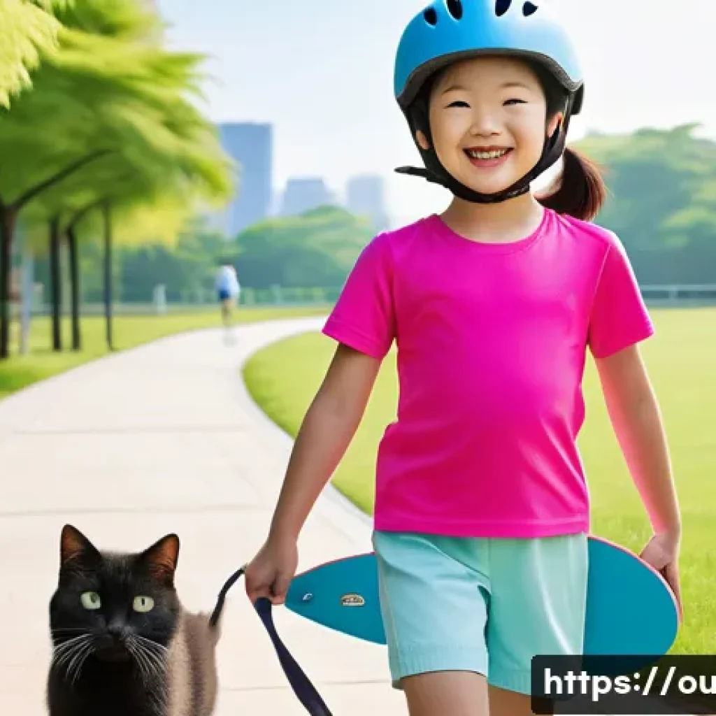 야외용 완구 사고 예방 - A bright, sunny afternoon in a vibrant, safe park with a smooth, paved path. A joyful 7-year-old Kor...