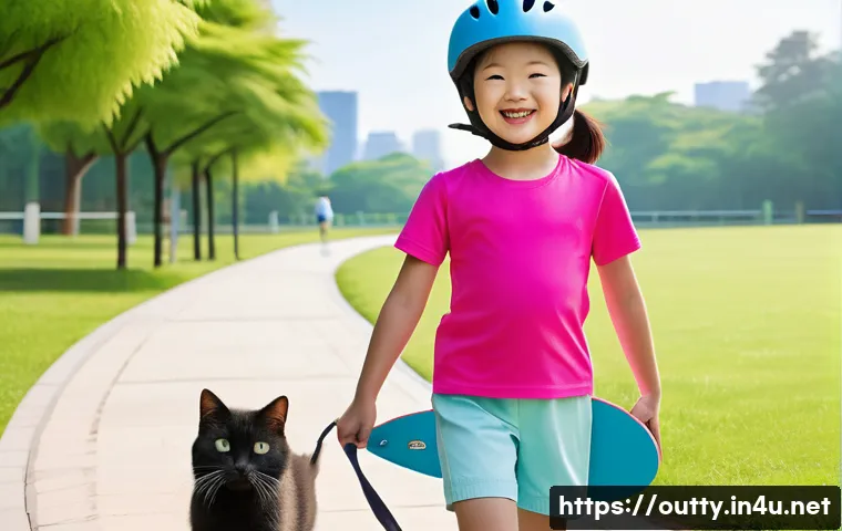 야외용 완구 사고 예방 - A bright, sunny afternoon in a vibrant, safe park with a smooth, paved path. A joyful 7-year-old Kor...